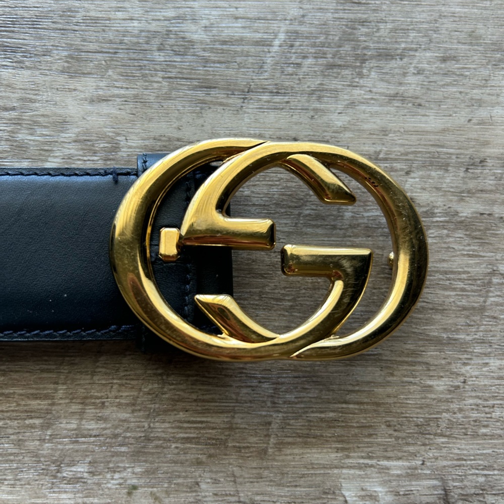 Gucci Belt Interlocking G Navy Gold 65cm Made in Italy - Picture 2 of 9